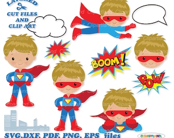May include: A set of layered digital clip art featuring a superhero boy in various poses, including flying, standing, and with a speech bubble. The clip art also includes sound effects like "BOOM!" and "POW!" in comic book style.
