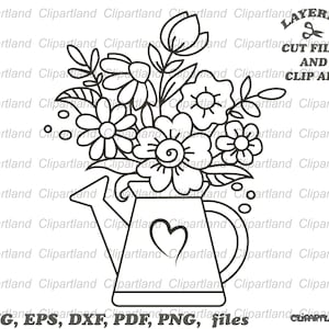 Téléchargement instantané. Arrosoir de jardin avec fleurs, fichiers coupés et clipart. Usage personnel et commercial. C_2.