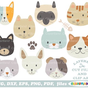 Puede incluir: Un conjunto de nueve archivos de corte digital que presentan lindas caras de gatos de dibujos animados en varios colores y patrones. Los archivos están disponibles en formatos SVG, DXF, EPS, PNG y PDF. El texto "Archivos de corte en capas y clipart" se muestra en la esquina inferior derecha de la imagen.