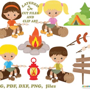 Download IMMEDIATO. File di taglio svg di graziosi bambini in campeggio. Uso personale e commerciale. C_7.
