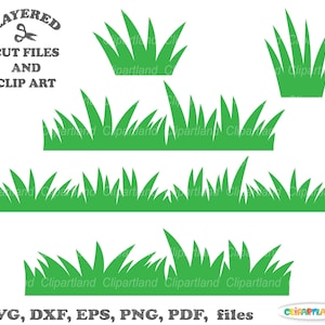 Puede incluir: Conjunto de imágenes de césped verde en capas en varios tamaños y formas. El texto "LAYERED" y "CUT FILES AND CLIP ART" está en la parte superior de la imagen. El texto "SVG, DXF, EPS, PNG, PDF, files" está en la parte inferior de la imagen.