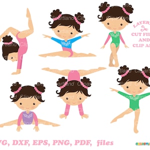May include: Five digital illustrations of girls in different gymnastics poses. The girls are wearing pink, blue, and green leotards with white accents. The illustrations are in a cartoon style and have a layered cut file and clip art design.
