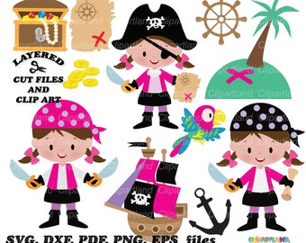 May include: A set of digital cut files for crafting featuring a pirate theme. The set includes a pirate ship, a parrot, a treasure chest, a pirate girl, a treasure map, a steering wheel, a palm tree, and a treasure island. The files are available in SVG, DXF, PDF, PNG, and EPS formats.