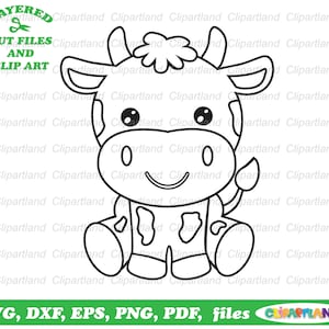 Descarga instantánea. ¡La licencia comercial está incluida! Becerro. Lindos archivos de corte de contorno de vaca sentada y imágenes prediseñadas. C_3.