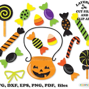 May include: A set of Halloween-themed digital clip art featuring a variety of sweets, including lollipops, candy canes, and wrapped sweets. The clip art also includes a pumpkin-shaped cauldron and a bow. The text "LAYERED CUT FILES AND CLIP ART" is displayed at the top of the image. The text "SVG, DXF, EPS, PNG, PDF, files" is displayed at the bottom of the image.