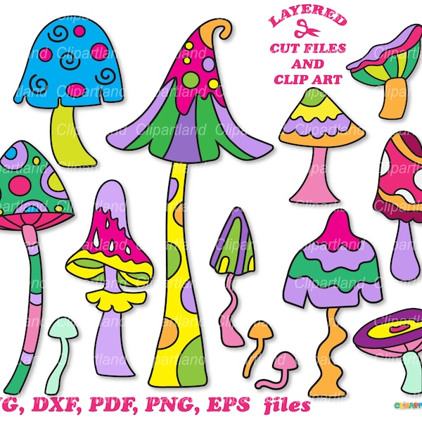 INSTANT Download. Doodle colorful mushrooms cut files and clip art. Personal and commercial use. M_2.