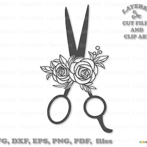 Puede incluir: Ilustración en blanco y negro de línea de arte de un par de tijeras con un diseño floral. Las tijeras están abiertas y tienen un ramo de rosas y hojas en la parte superior de las cuchillas. El texto "LAYERED CUT FILES AND CLIP ART" está en la parte superior de la imagen. El texto "SVG, DXF, EPS, PNG, PDF, files" está en la parte inferior de la imagen.