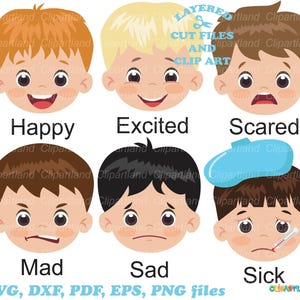 Descarga instantánea. Conjunto de archivos SVG de caras de niño con emociones. Emojis SVG. Uso personal y comercial. B_1.