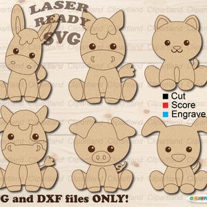 May include: Six different animal cutouts, including a donkey, horse, cat, cow, pig, and dog. The cutouts are made of brown craft paper and have a simple, cartoon-like style. The image includes the text "Laser Ready SVG" and a legend indicating "Cut", "Score", and "Engrave" with corresponding color swatches.