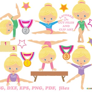 Descarga instantánea. Linda niña rubia gimnasta corta archivo y clip art svg. ¡La licencia comercial está incluida! G_60.
