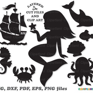 INSTANT Download. Cute mermaid silhouette cut files and clip art. Commercial license is included! M_15.