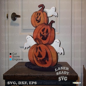 NATYCHMIASTOWE pobranie. Dynie halloweenowe z duchami na półce, do cięcia laserowego. Glowforge, plik SVG do cięcia laserowego CNC. S_4.