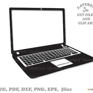 Puede incluir: Silueta en blanco y negro de un ordenador portátil con una pantalla en blanco. El portátil está abierto y el teclado es visible. La imagen está en capas y se puede utilizar para cortar archivos y clipart.