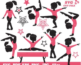 May include: Silhouettes of eight gymnasts in various poses, all wearing pink leotards. The gymnasts are surrounded by pink stars. The text "SVG CUT FILE" is in the upper right corner of the image.