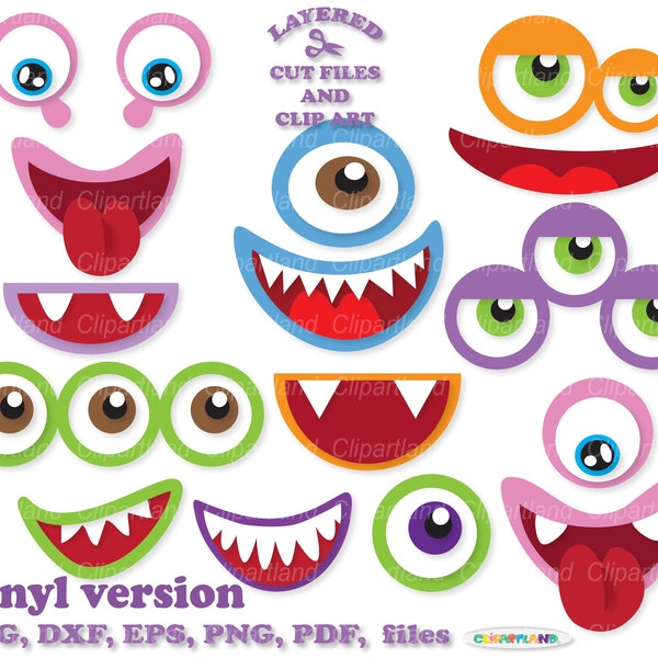 ON Sale Instant Download. Monsters' eyes and mouths svg. Cute monsters svg clip art.  Personal and commercial use. M_4.