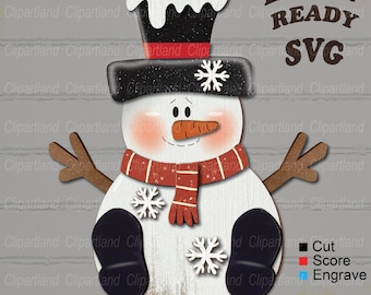 May include: A wooden snowman decoration with a black top hat, red scarf, and snowflake accents. The snowman has a carrot nose and twig arms. Text on the image reads "LASER READY SVG" and "SVG, DXF, EPS files".