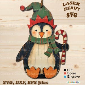 Descarga INMEDIATA. Adorno navideño de pingüino elfo para corte por láser. Glowforge, archivo láser cnc svg. P_8.