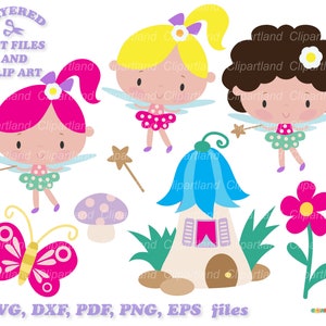 Directe download. Schattige kleine tuinfee meisje gesneden bestand en clip art SVG. Commerciële licentie is inbegrepen! F_21.