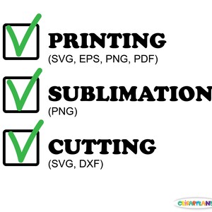 Peut inclure: Une liste de contr&ocirc;le avec trois options&nbsp;: Impression (SVG, EPS, PNG, PDF), Sublimation (PNG) et D&eacute;coupe (SVG, DXF). Chaque option est accompagn&eacute;e d&rsquo;une coche verte.