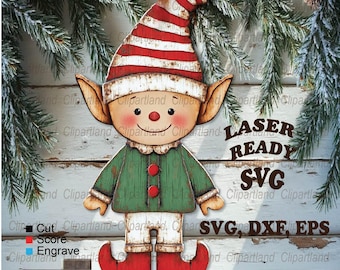 Plik do laserowego wycinania półek z wizerunkiem elfa bożonarodzeniowego (SVG, DXF, EPS)