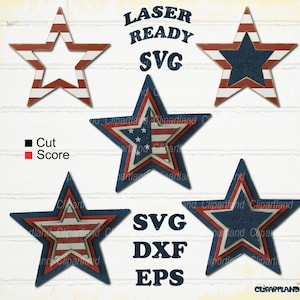 Peut inclure: Plusieurs motifs en forme d'étoile aux couleurs rouge, blanc et bleu, avec le texte "LASER READY SVG" et les options de type de fichier : SVG, DXF et EPS. Les motifs présentent des étoiles superposées avec des motifs patriotiques.