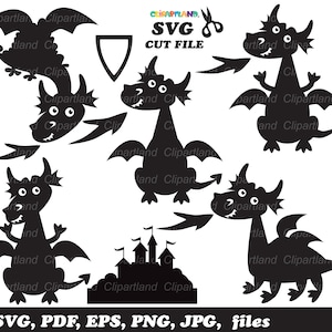 May include: Black silhouette dragon SVG cut file. The image features various dragon designs, including dragons breathing fire, flying, and standing. Also includes a castle silhouette and the text "SVG CUT FILE".