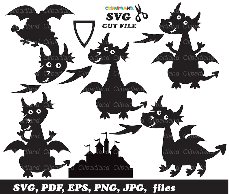 May include: Black silhouette dragon SVG cut file. The image features various dragon designs, including dragons breathing fire, flying, and standing. Also includes a castle silhouette and the text "SVG CUT FILE".