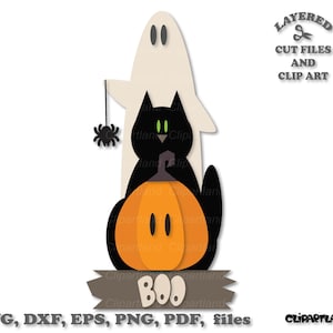 May include: A Halloween-themed graphic featuring a white ghost, a black cat with green eyes, and an orange pumpkin. A small black spider hangs from the ghost. The word "BOO" is displayed on a banner. Text at the top reads "LAYERED CUT FILES AND CLIP ART".
