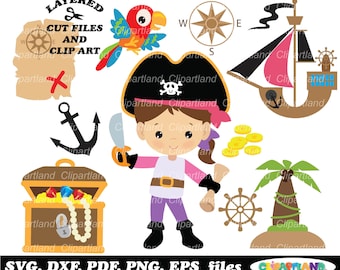 May include: A set of layered cut files for crafting, featuring a pirate girl with a black hat and pink shirt, a treasure chest, a ship, a palm tree, a compass, an anchor, and gold coins. The text "LAYERED CUT FILES AND CLIP ART" is at the top of the image.