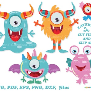 Op de afbeelding: Vijf kleurrijke cartoonmonsters met elk één oog. De monsters zijn blauw, oranje, roze en groen. De monsters hebben verschillende kenmerken, waaronder hoorns, vleugels en benen. De tekst "LAYERED CUT FILES AND CLIP ART" staat in de rechterbovenhoek van de afbeelding. De tekst "SVG, PDF, EPS, PNG, DXF, files" staat onderaan de afbeelding.