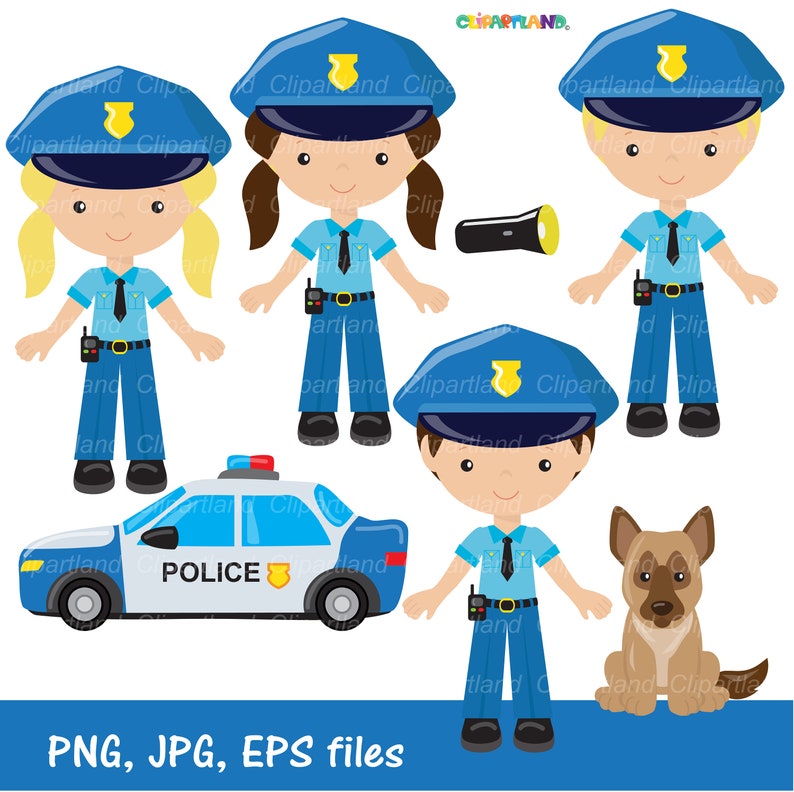 May include: A set of digital illustrations featuring four police officers, a police car, and a dog. The officers are wearing blue uniforms with black belts and ties. The police car is white with blue accents and says "POLICE" on the side. The dog is brown and white.