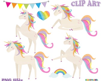 May include: Clip art set of four white unicorns with rainbow manes and tails. The unicorns are in different poses, including standing, lying down, and rearing up. There is also a rainbow with clouds.