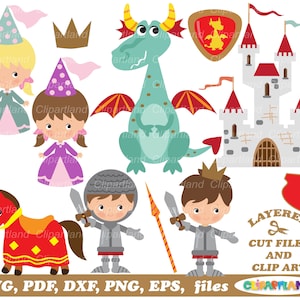 Téléchargement instantané. Fichier de coupe et clipart mignon chevalier médiéval, princesse et dragon. Une licence commerciale est incluse jusqu'à 500 utilisations ! K_7.