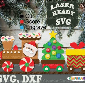 May include: A colorful Christmas train SVG design with a Santa Claus face, a Christmas tree, and a gift box. The design includes the text "Laser Ready SVG" and "SVG, DXF". The train is decorated with red, green, yellow, and brown elements.