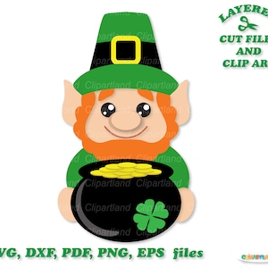 May include: A cartoon leprechaun wearing a green hat with a gold buckle and holding a black pot filled with gold coins. A four-leaf clover is on the side of the pot.