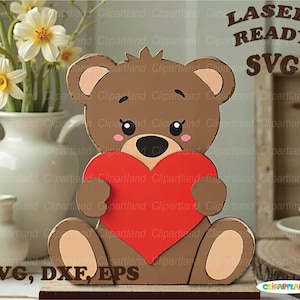 SOFORTIGER Download. Netter Valentinsbär Pop Out Kantensitzer auf Ständer zum Laserschneiden. Glowforge, cnc svg. Persönliche und kommerzielle Nutzung. B_1.