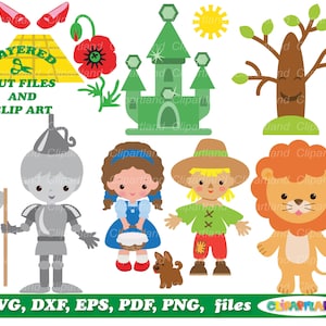May include: A set of layered cut files and clip art featuring characters from the Wizard of Oz. The set includes Dorothy, the Scarecrow, the Tin Man, the Cowardly Lion, a poppy flower, a green castle, a tree, and ruby red slippers.