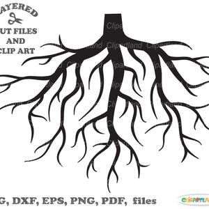 May include: Black and white silhouette of a tree root system with many branches. The image is a digital cut file for crafting projects.
