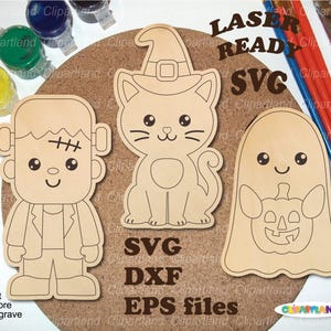 May include: Three light-colored wooden cutouts featuring a Frankenstein-like character, a cat wearing a witch hat, and a ghost holding a pumpkin. The text LASER READY SVG, SVG, DXF, and EPS files is visible. The cutouts have black outlines.