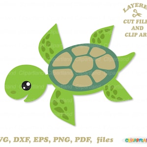 May include: A green cartoon sea turtle with a tan shell and a smiling face. The image includes the text "LAYERED CUT FILES AND CLIP ART" and file type options: SVG, DXF, EPS, PNG, and PDF.