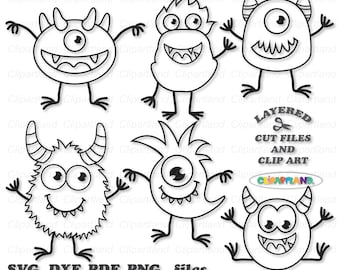 May include: Six black and white line drawings of cartoon monsters with different expressions. The monsters have one or two eyes, teeth, and some have horns. The drawings are on a white background.