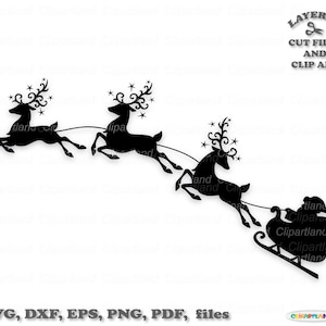 Download instantâneo. O uso pessoal e comercial está incluído! Arquivos de corte e clipart da silhueta do trenó do Papai Noel de Natal. Cscs_2.