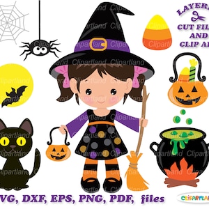 以下が含まれることがあります： ハロウィーンをテーマにしたデジタルイラスト。黒い帽子とほうきを持った漫画の魔女が描かれています。黒猫、大釜、クモ、コウモリ、キャンディーコーンなどの要素も含まれています。「LAYERED CUT FILES AND CLIP ART」というテキストが含まれています。