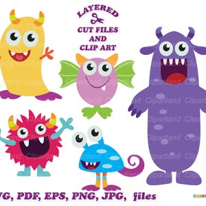 May include: A collection of colorful cartoon monsters in various shapes and sizes. The image includes text that reads "LAYERED CUT FILES AND CLIP ART" and file type options: SVG, PDF, EPS, PNG, JPG, files.