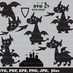 May include: Black silhouette dragon SVG cut file. The image features various dragon designs, including dragons breathing fire, flying, and standing. Also includes a castle and shield silhouette. Text: SVG, PDF, EPS, PNG, JPG, files.