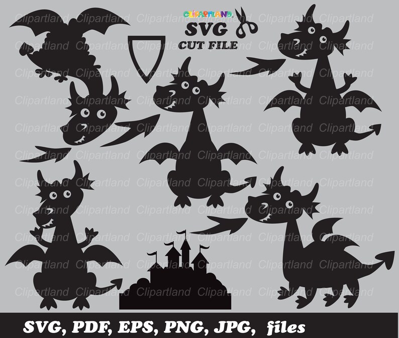 May include: Black silhouette dragon SVG cut file. The image features various dragon designs, including dragons breathing fire, flying, and standing. Also includes a castle and shield silhouette. Text: SVG, PDF, EPS, PNG, JPG, files.