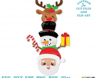 Puede incluir: Un diseño navideño apilado con un reno, un muñeco de nieve y Papá Noel. La imagen incluye el texto "LAYERED CUT FILES AND CLIP ART" y "SVG, DXF, EPS, PNG, PDF, files".