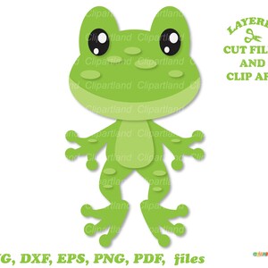 May include: Green frog clip art with layered cut files. The frog has large eyes and a wide smile. The text "LAYERED CUT FILES AND CLIP ART" is in green letters on a white background.