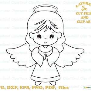 Directe download. Schattige engel overzicht SVG gesneden bestanden en illustraties. Digitale stempel. Kleurplaat. Persoonlijk en commercieel gebruik. A_8.
