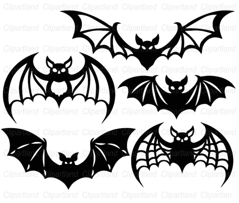 K&ouml;nnte beinhalten: F&uuml;nf schwarze Fledermaus-Silhouetten mit unterschiedlichen Fl&uuml;geldesigns. Ideal f&uuml;r Halloween oder Gothic-Themen, diese Fledermausformen werden vor einem wei&szlig;en Hintergrund pr&auml;sentiert.